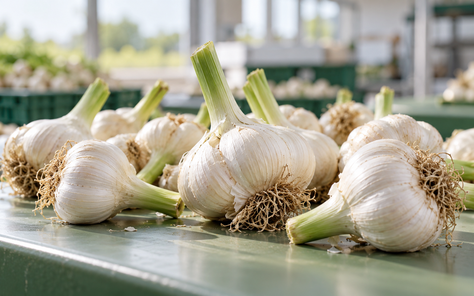 Garlic bulbs in an agricultural setting